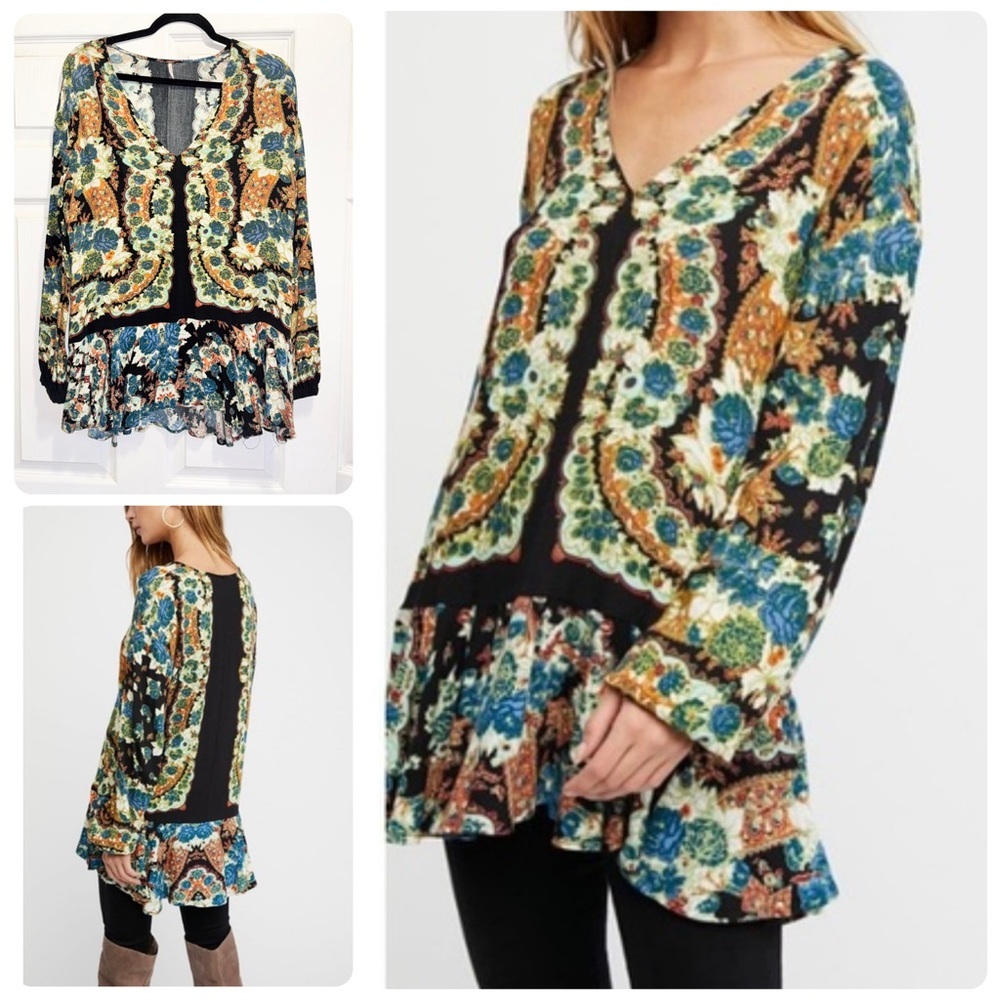 Free People Lovely Dreams Tunic Top Paisley Floral Long Sleeve Drapey Sz Medium
